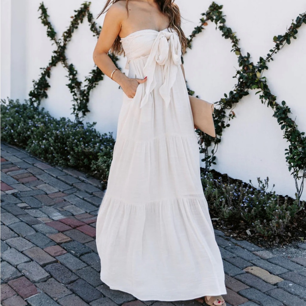 NWT Hattie Strapless Pocketed Tie Front Maxi Dress Bamboo Cream - Picture 3 of 8